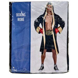 Adult Boxing Robe Costume Black Gold Satin Knockout Champ Hood Boxer Champion